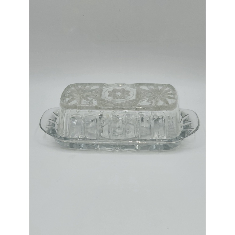 Vintage Pressed‎ Glass Butter Dish With Lid Starburst Pattern Clear Rectangle